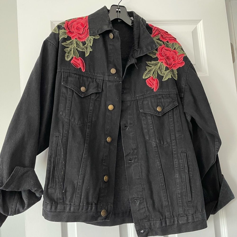 LF‎ carmar black denim jacket with embroidered roses